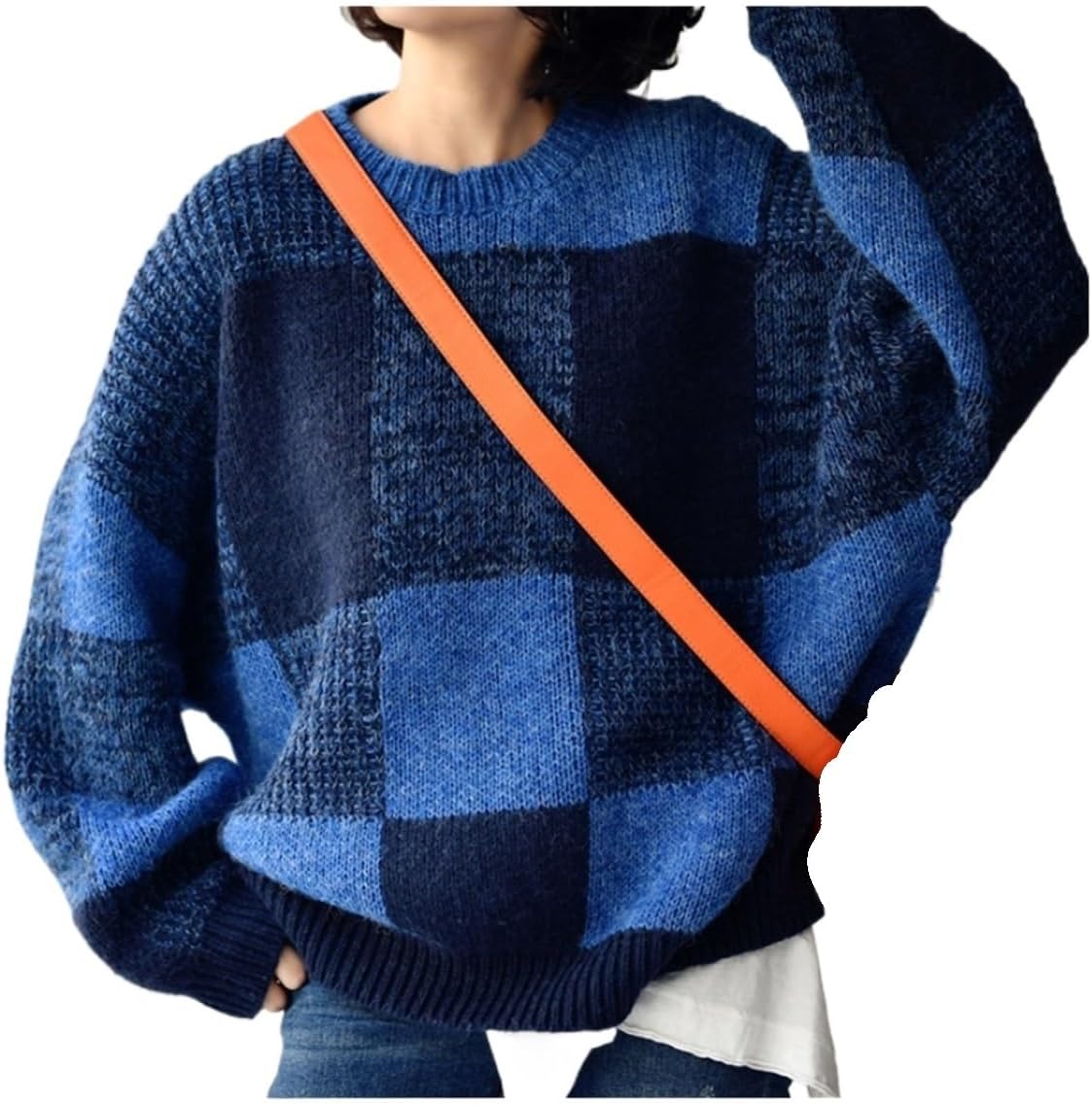 Art Leisure Neutral Loose Languid is Blended Round Collar Plaid Sweater
