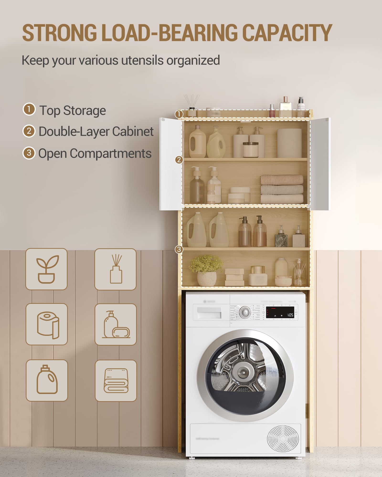 Hzuaneri Mobile lavatrice,24 x 65 x 185cm, Rip. regol.,Bianco-Rovere | 2 ripiani apribili, Mobile sopra lavatrice, Stile moderno minimalista, Porta WC doppia anta, LR65031X