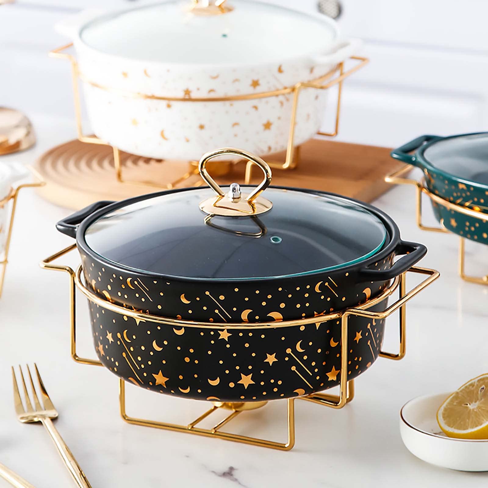Set di scaldavivande in ceramica, con coperchio in vetro e supporto per carburante, vassoio rotondo per scaldavivande e scaldavivande per buffet, matrimoni, feste, banchetti, Chris,