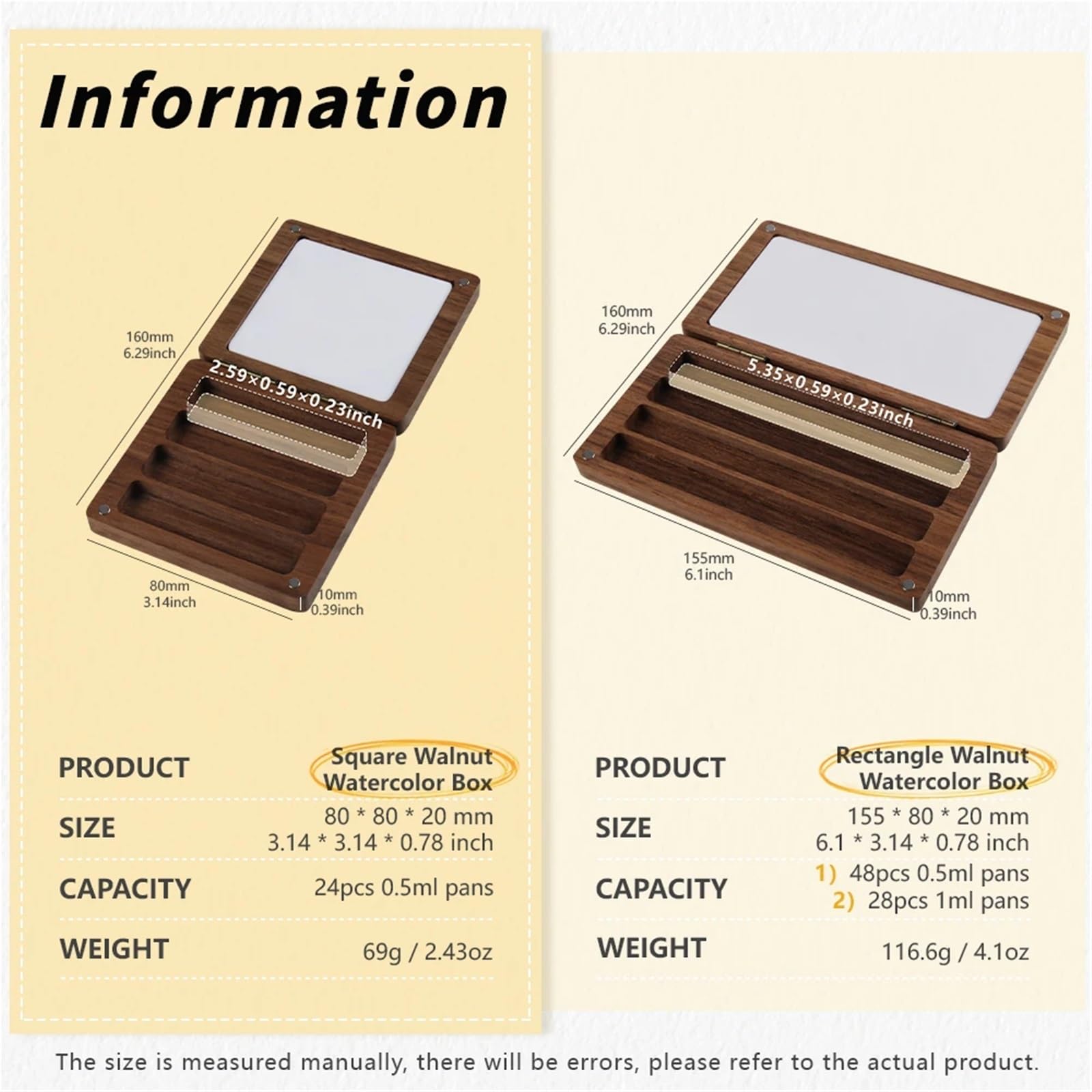 Taca do mieszania farb, Zestaw palet do mieszania farb akwarelowych z pudełkiem paletą czarnego orzecha i półmiskami o pojemności 0,5 ml(Wooden Box Set)