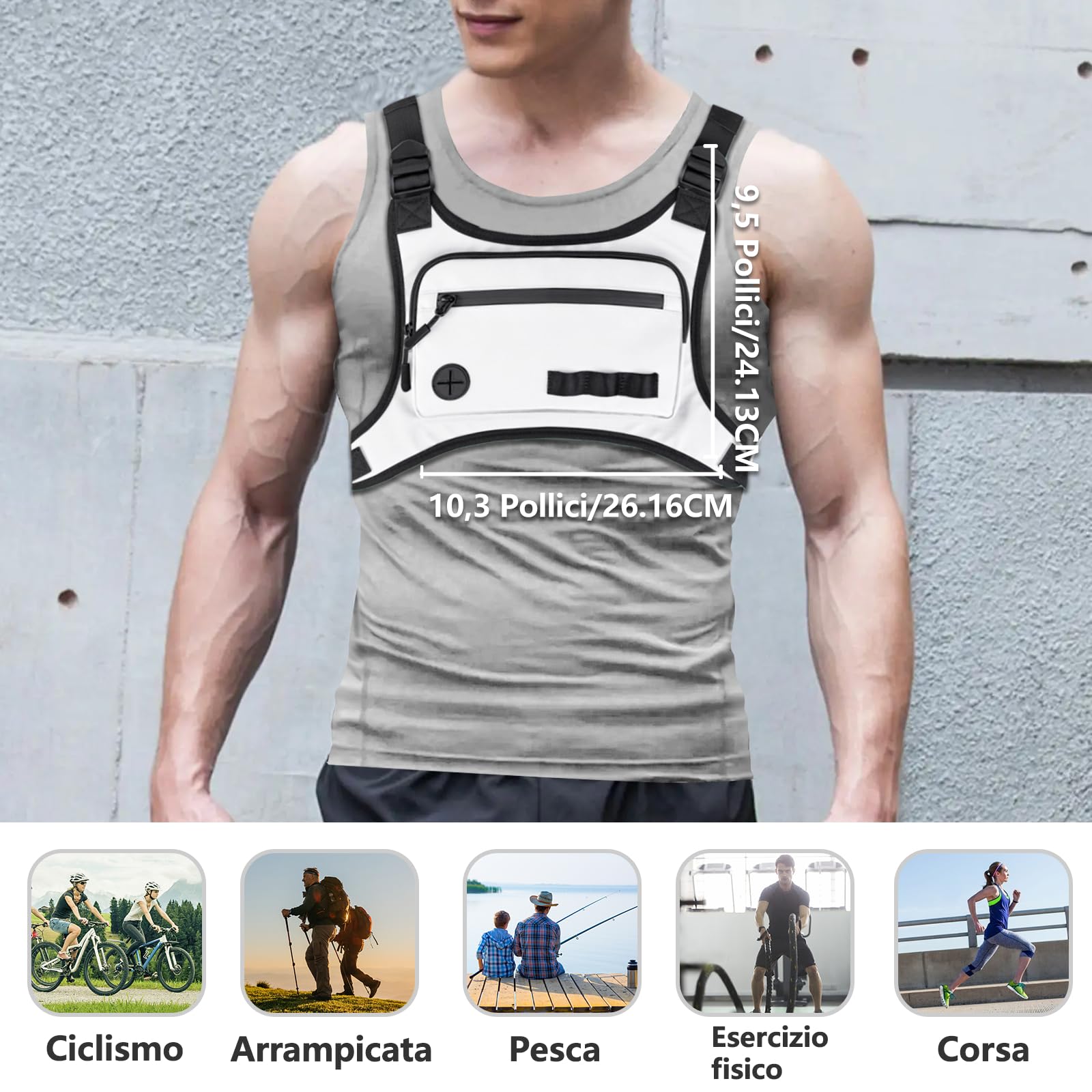 KINGSLONG Tasca sul petto da uomo, leggera, tattica, borsa sportiva, borsa a tracolla, impermeabile, con tasca e spazio aggiuntivo per traning, corsa, ciclismo, escursioni, viaggi, campeggio, bianco