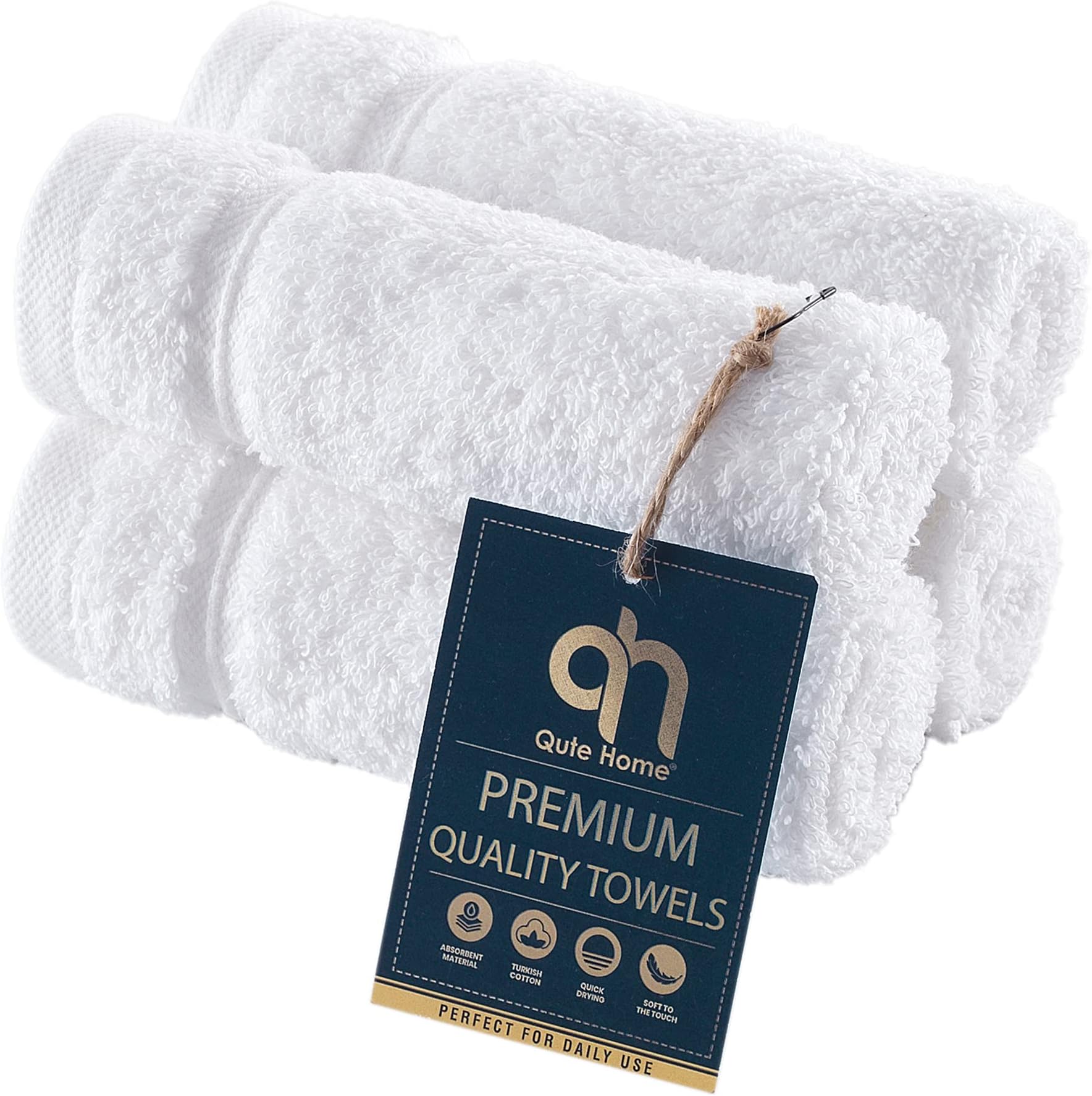 Qute Home 4-Piece Washcloths Towels Set, 100% Turkish Cotton Premium Quality Towels for Bathroom, Quick Dry Soft and Absorbent Turkish Towel, Set Includes 4 Wash Cloths (White)