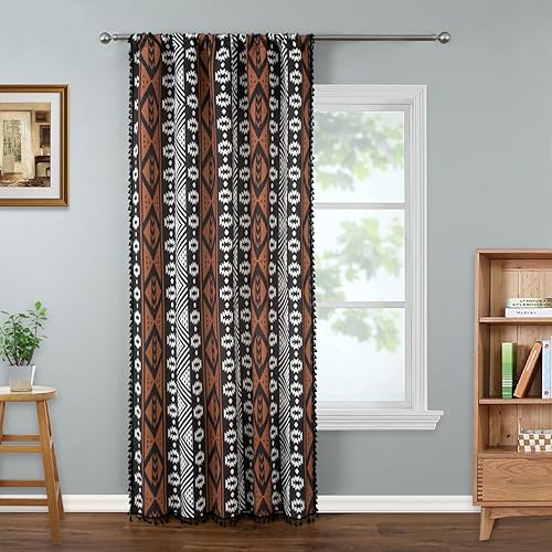 VOGOL Cortinas bohemias marrones de 96 pulgadas de largo, estilo bohemio, estampado geométrico, vista que reduce la privacidad, cortinas de ventana