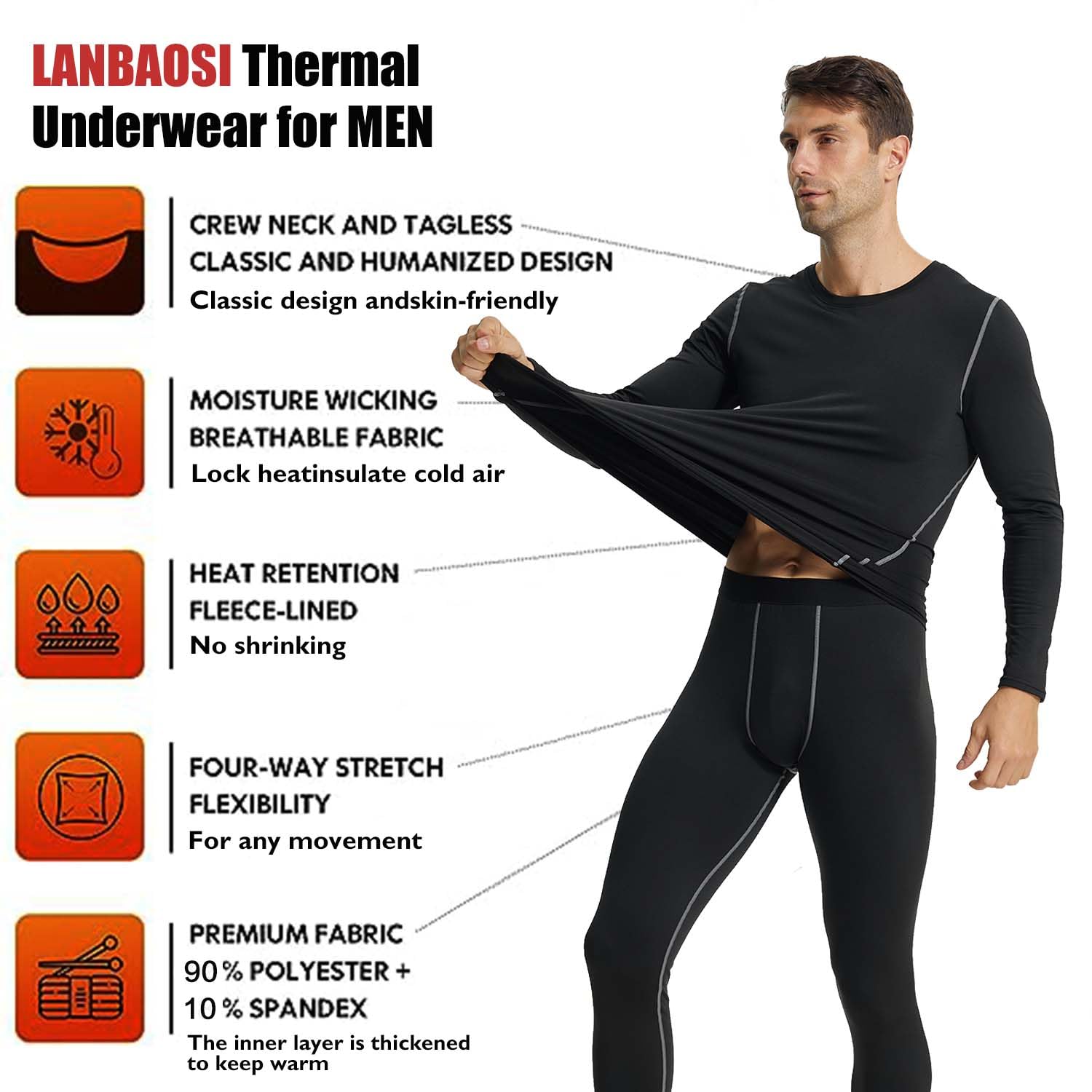 LANBAOSI Herren-Thermounterwäsche-Set, lange Unterhose, mit Fleece gefüttert, warme Basisschicht, Oberteil, Unterteil, Kompressionsanzüge, kalte Ausrüstung