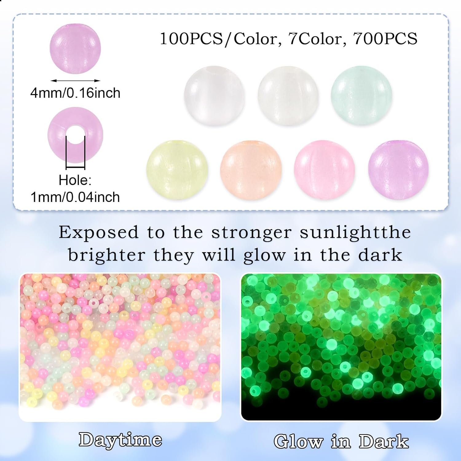 KISSITTY 700pcs Glow in The Dark Seed Beads 4mm Round Luminous Acrylic Colorful Loose Small Spacer Beads for DIY Beading Craft Earring Necklace Bracelet Key Chain Jewelry Making - Image 4