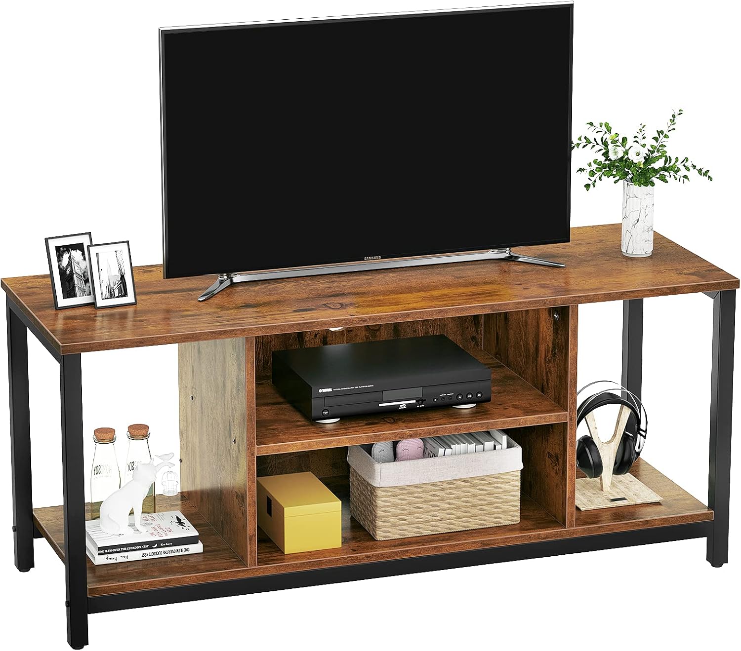 Aheaplus TV Stand TV Cabinet for TV up to 50 In 3 Tier Mid Century Modern TV Stand with Shelving Storage Entertainment Center TV Console Retro Industrial TV Stand for Living Room Bedroom, Rustic Brown