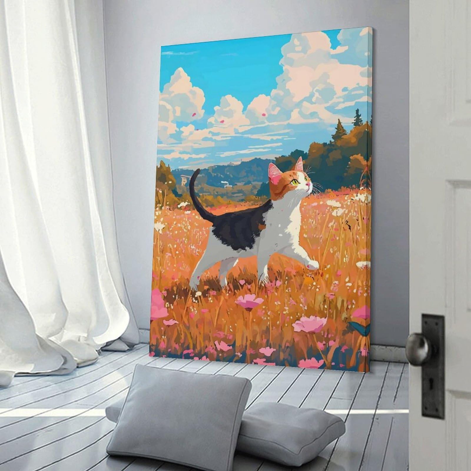 Junmoney Wall Decor Canvas Print Cat in A Flower Field, 12x18inch(30x45cm), for Bedroom Walls, Guest Spaces Or Lounges, An Easy Wall Refresh for Bedrooms