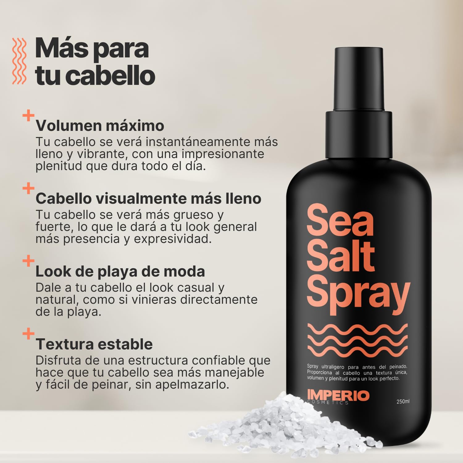IMPERIO Sea Salt Spray - 250ml Spray Sal Marina Pelo para Más Volumen Y Textura Estable - Perfectas Ondas Surferas, Más Volumen y Agarre con Poder del Mar - Fragancia Unisex
