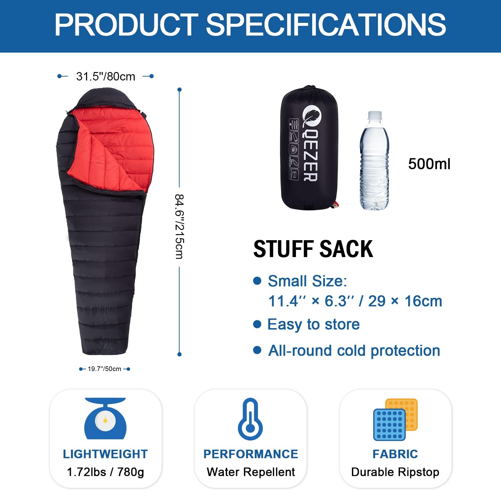 Sac de couchage ultra léger en duvet pour adultes avec 600 puissance de remplissage, sac de couchage compact avec sac de compression pour randonnée, camping