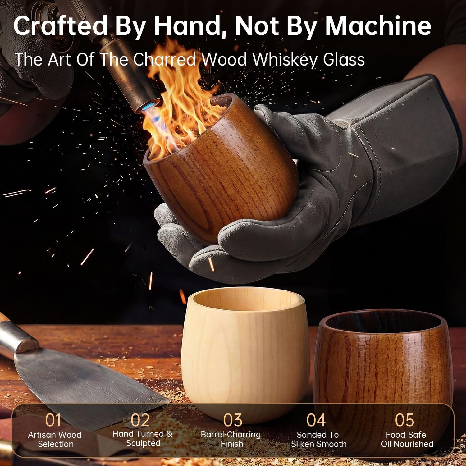 Charred Oak Whiskey Glasses Set of 2, 10oz Handcrafted Wooden Tumblers – Shatterproof Bourbon Glass Pair, Gift Set for Fathers, Dad, Him, Husband | Birthday & Retirement Gifts for Men from Son, Wife