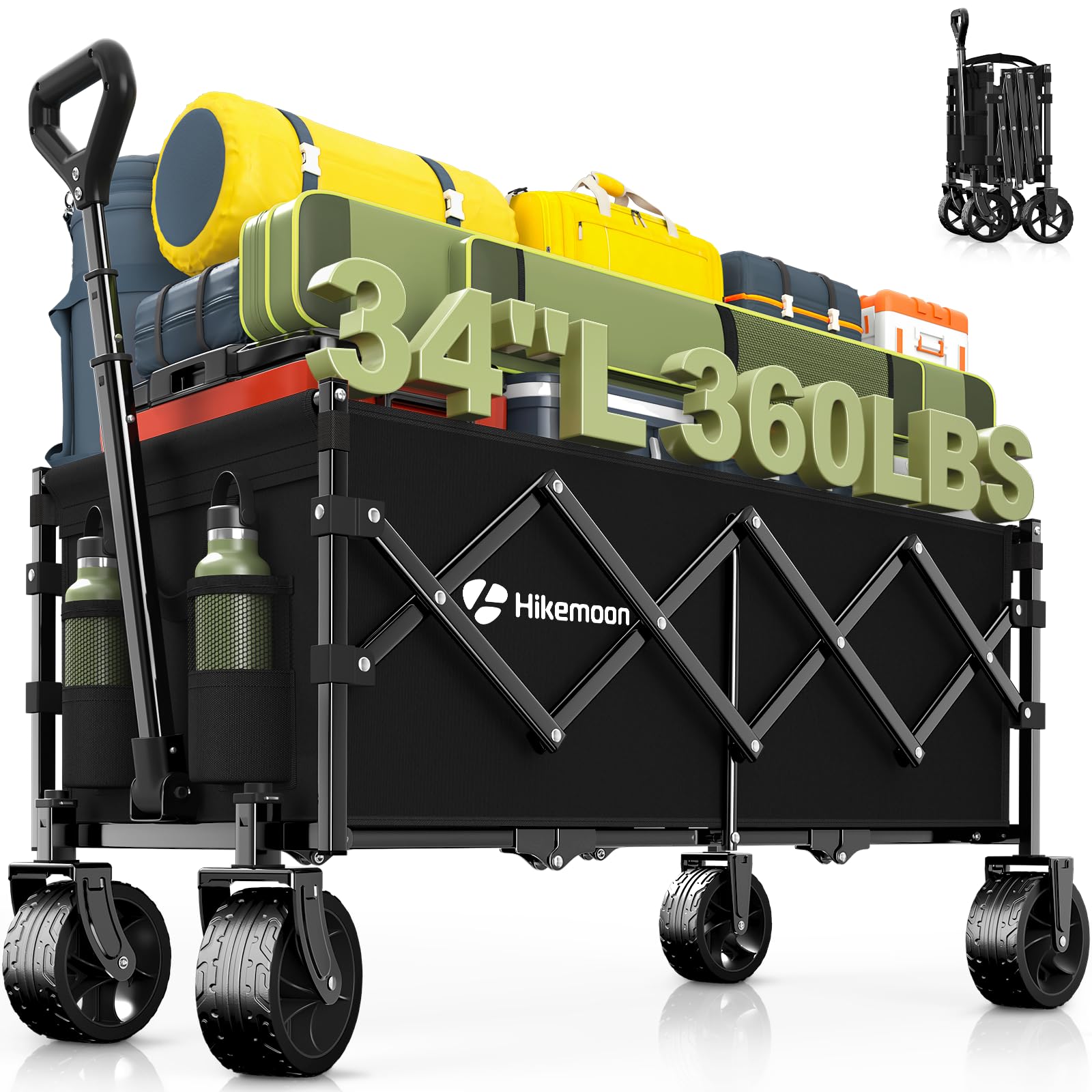 HIKEMOON 34'' Extra Long Folding Wagon Wide Wheels, 120L 360LBS Black