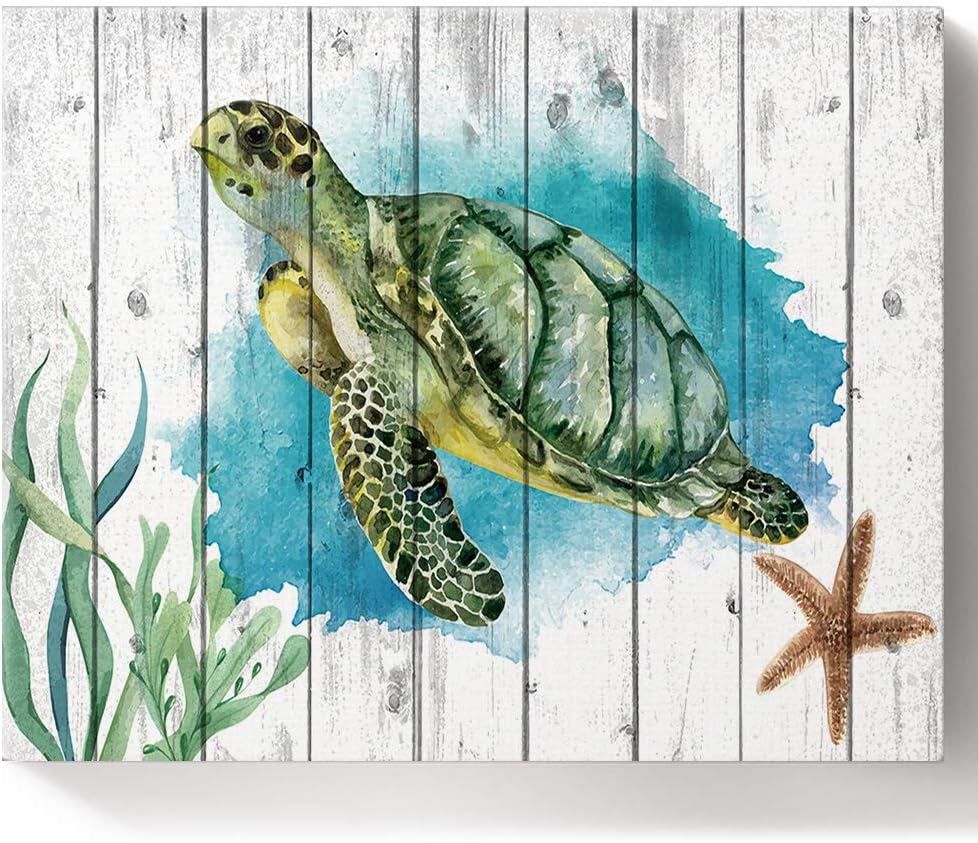 DIY Painting by Numbers for Children Adults, Sea Turtle Coral Starfish on The Retro Wood Board - Paint by Number Kit On Canvas for Beginners | Wooden Framed with Brushes and Paint, 16"x 20"