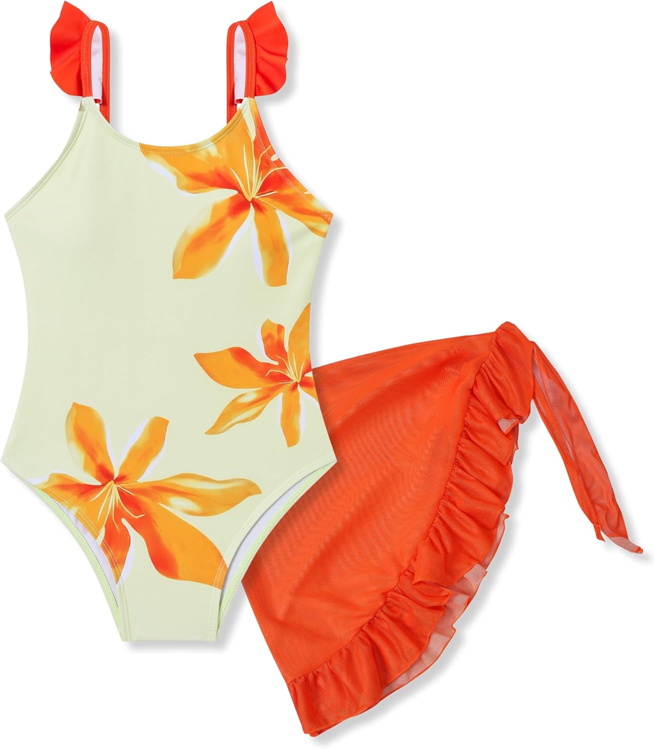 Yoxindax Girls One-Piece Swimsuit with Mesh Cover-Up - Adjustable Straps, Ruffled Design Swimwear Size 7-16 Years