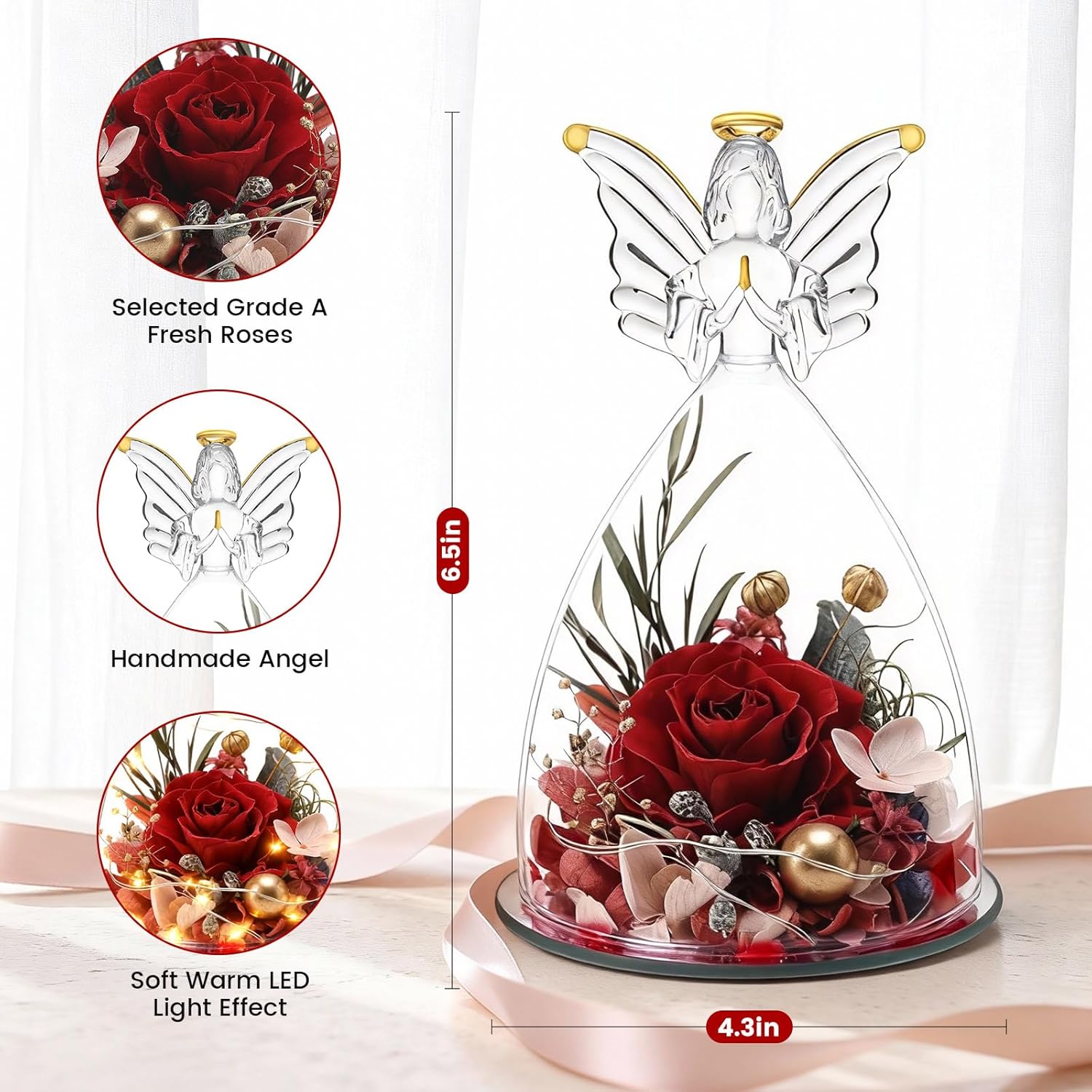 Angel Christmas Roses Gifts for Mom,Preserved Real Flowers Roses in Glass Angel Figurines,Christmas Birthday Gifts for Grandma Women Mom Wife Mother in Law