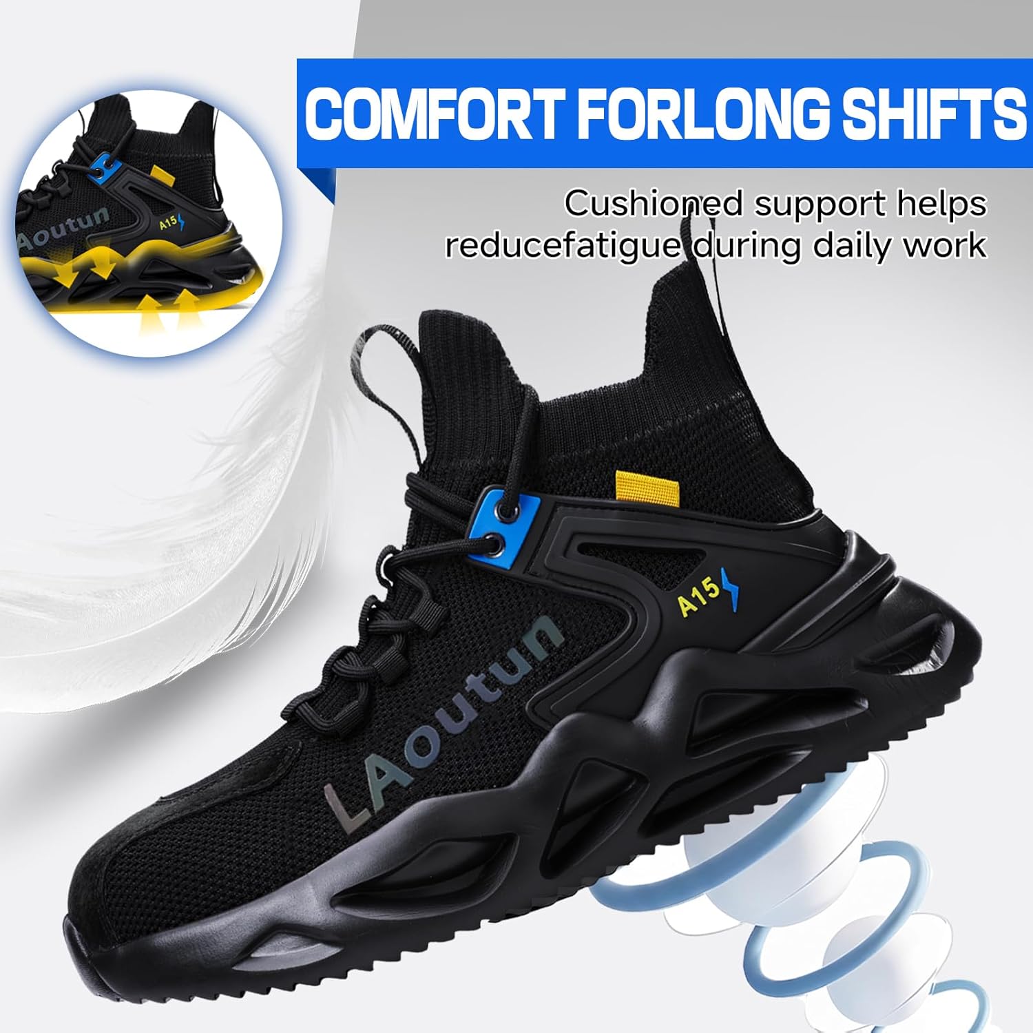 LAoutun Steel Toe Shoes for Men, Lightweight Comfortable Safety Shoes with Puncture Resistant, Indestructible Work Shoes for Construction and Warehouse