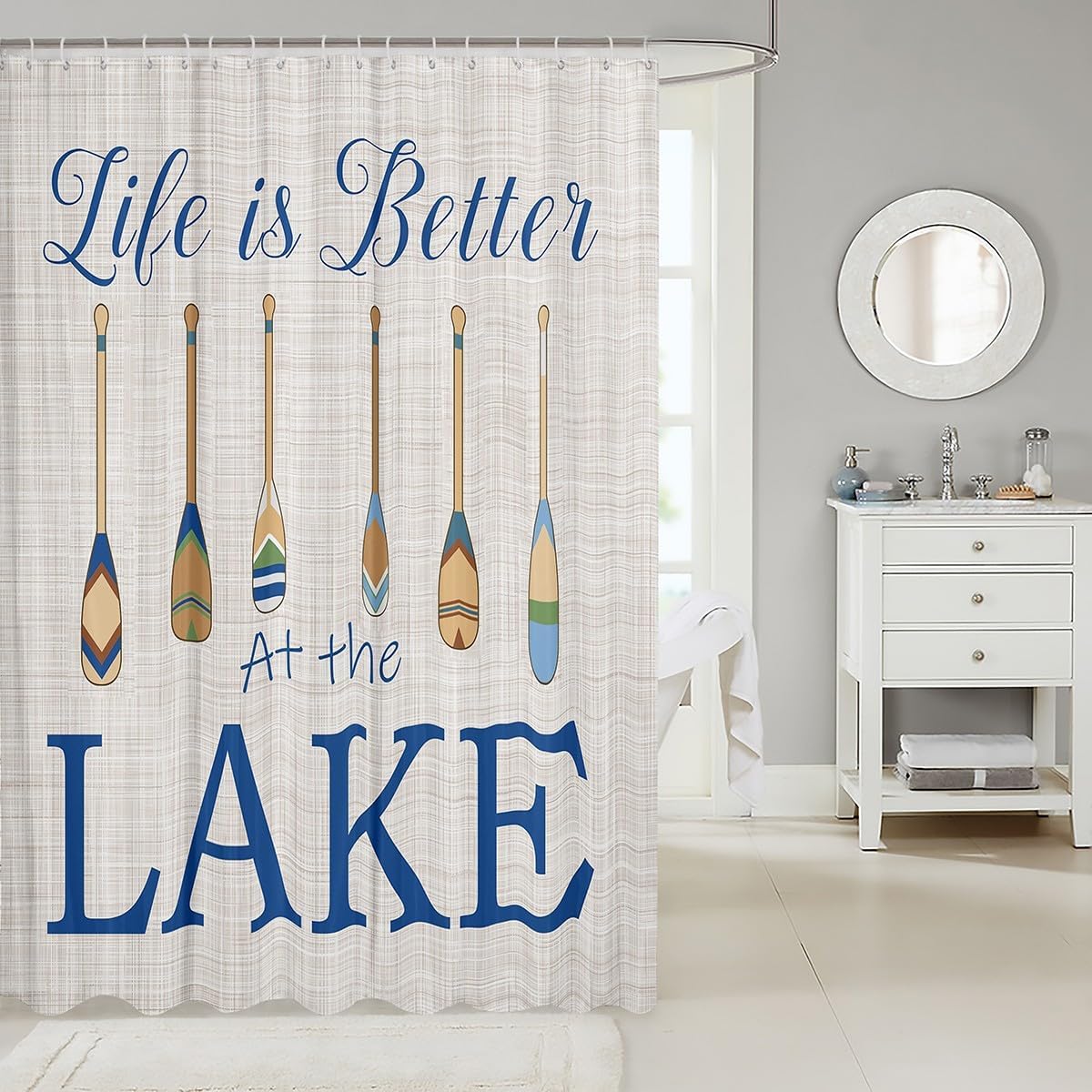 Castle Fairy Lake Life Fabric Shower Curtain,Cartoon Paddle Print Lake House Shower Curtain for Bathroom Stalls,Camping Cabin Boating Themed Rustic Waterproof Bath Curtains with Hooks, 72Wx78L inch