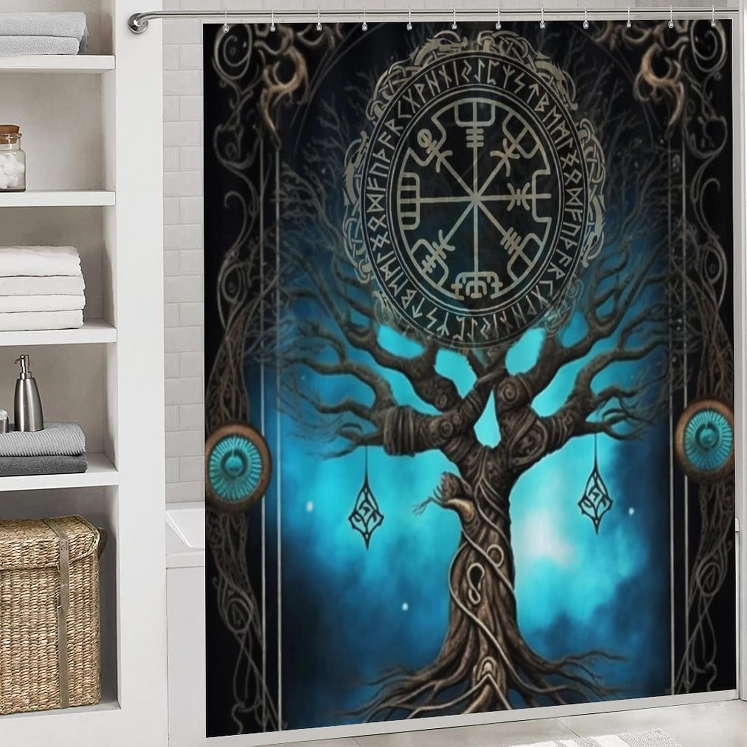 4 Pcs Bathroom Shower Curtain Set,Bathroom Sets with Rugs (Bath Mat,U Shape and Toilet Lid Cover Mat), Tree of Life Viking Bathroom Decor Set