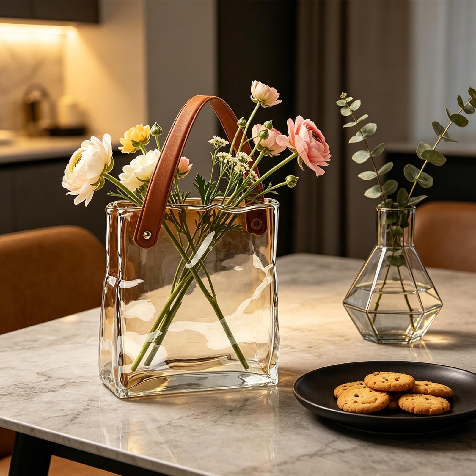 Taschenvase für Blumen Moderne Wohndeko Tischdekoration | Blumengesteck Niedliche Vase Glastasche für Wohndeko Schlafzimmer Wohnzimmer Büro Landhausstil Geburtstag Einweihung