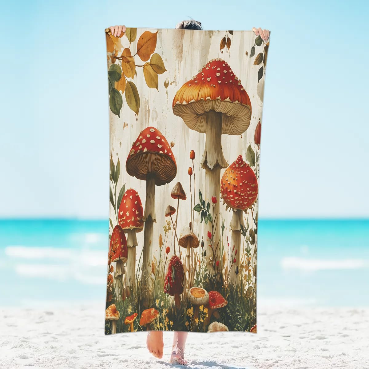 Ioracida Fall Mushroom Microfiber Beach Towels for Adults Women Men, Absorbent Quick Dry Sand Free Beach Towel for Pool Swim Camping Bath Yoga Towel