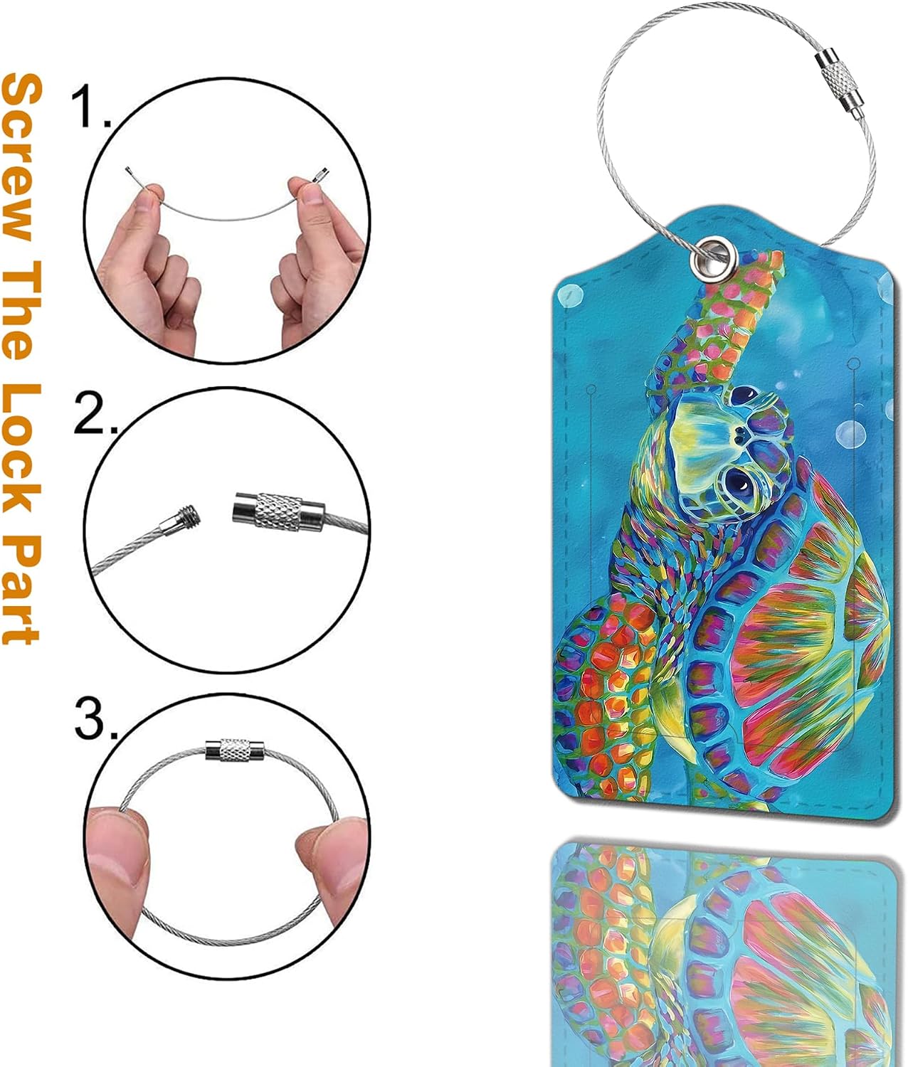 2 Pack Luggage Tag for Suitcase, Cute Unique Leather Bag Tags Identifiers Privacy Cover ID Label with Durable Steel Loop for Women Men Kids Girls Travel，TurtleA image 2