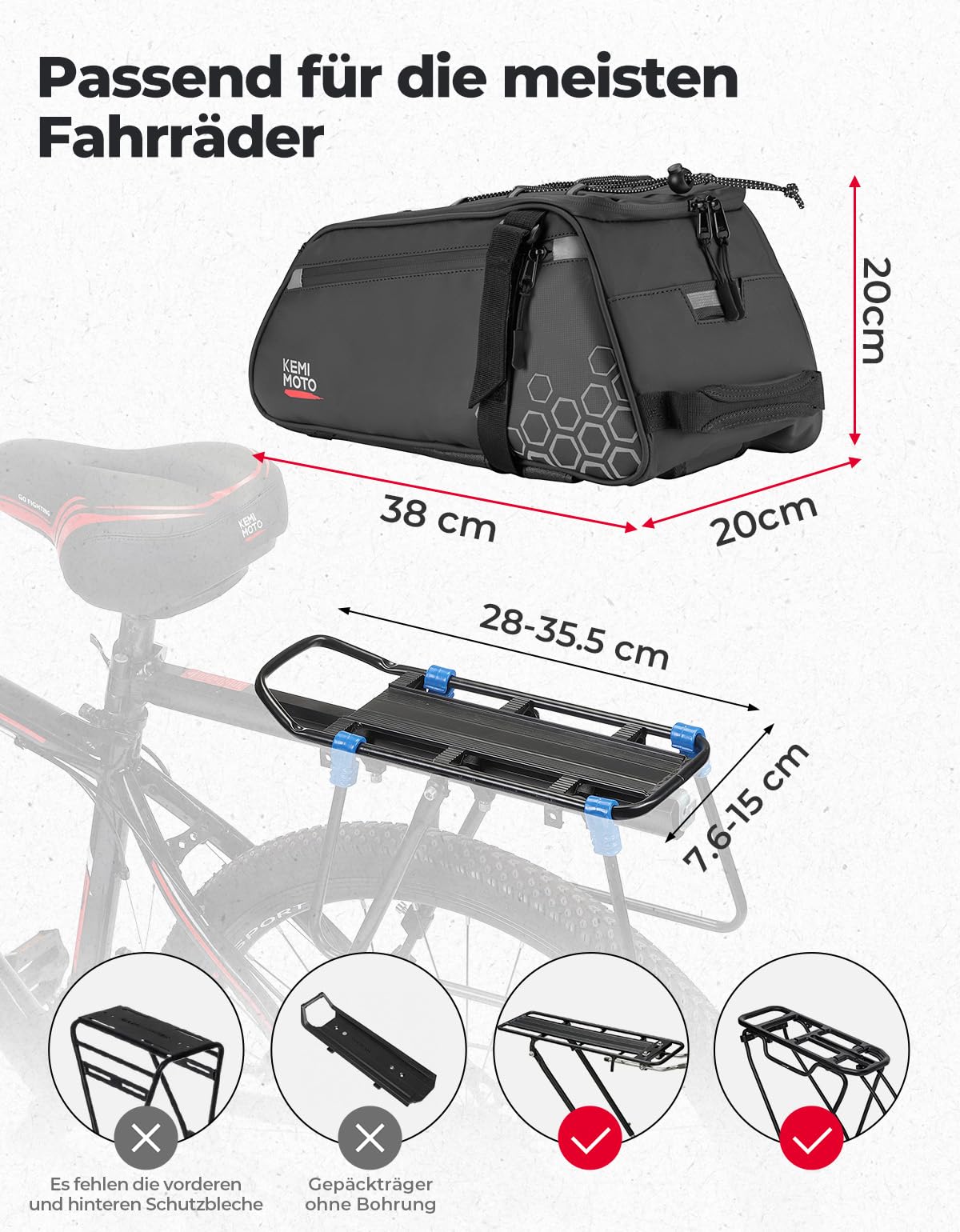 KEMIMOTO 2 IN 1 Fahrradtasche mit Kühlfunktion, 17L Kapazität - 11L Gepäckträgertasche mit Abnehmbarer 6L Isoliertasche, Mehrere Fächer, mit Tragegriff und Schultergurt, Fahrrad Taschen hinten