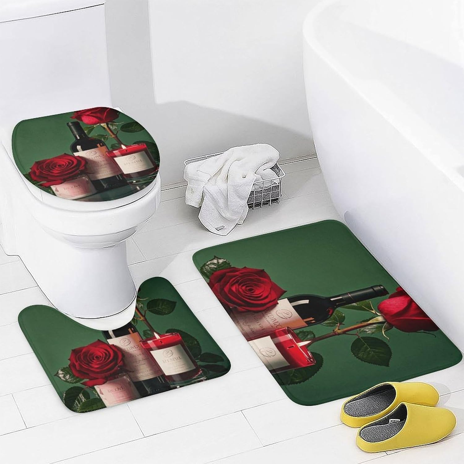 Red Wine Rose and Candle Shower Curtain Set 4 Piece, Non-Slip Bath Mat with Toilet Lid Cover and Waterproof Shower Curtain with 12 Hooks, Complete Bathroom Set for Home Decor