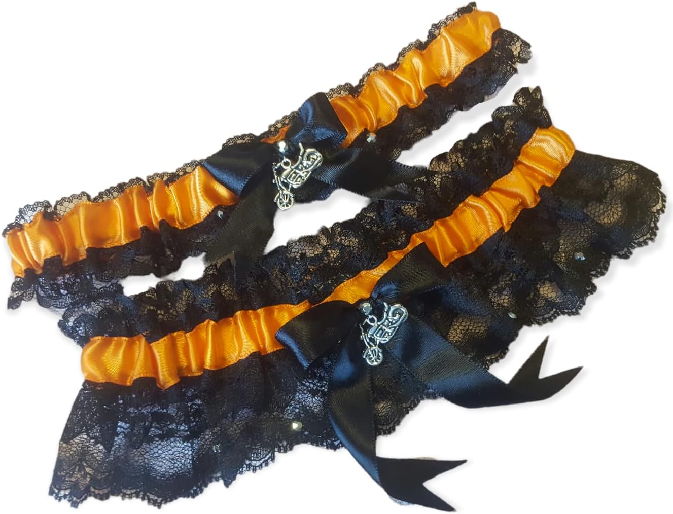 Handcrafted Orange & Black Motorcycle Biker Wedding Garter Set