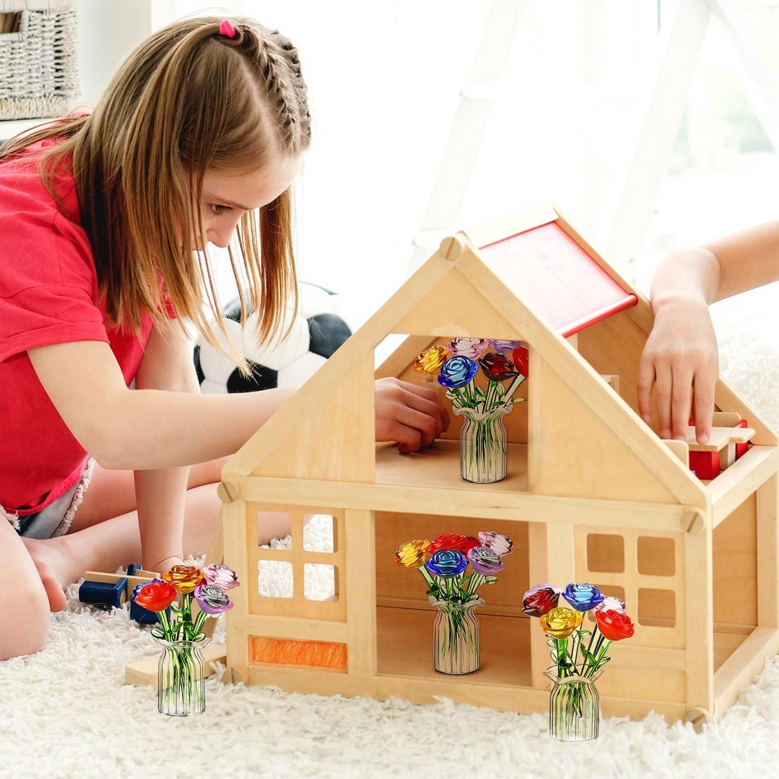 Miniaturowe szklane róże, 48 szt., kombinacja wazonu i szklanych kwiatów, ręcznie dmuchana dekoracja do miniaturowych wazonów, rękodzieło DIY, Dzień Matki, urodziny