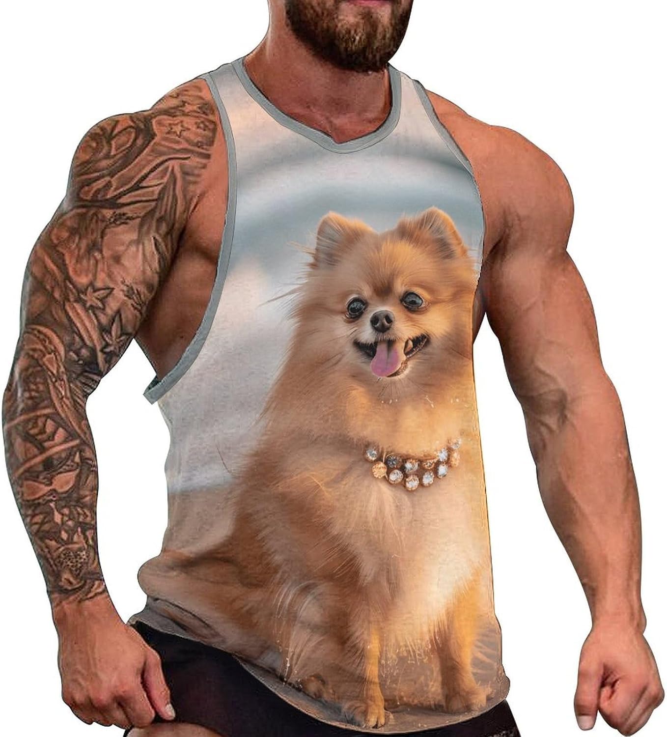 Pomeranian Dog Beach Men's Tank Tops Sleeveless Muscle Shirts for Men Lightweight Vest Crew Neck T-Shirts
