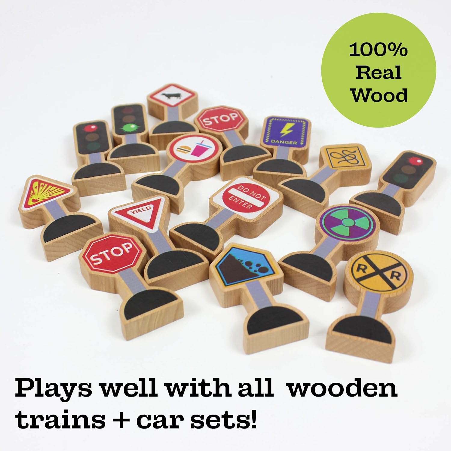 15 Pieces - Wooden Traffic Signs For Kids - Zany Street Signs for Play Mats, Toy Trains and Cars - Wooden Street Signs Road Signs - Educational Preschool Train Track Accessories - Zany Trains Series 2