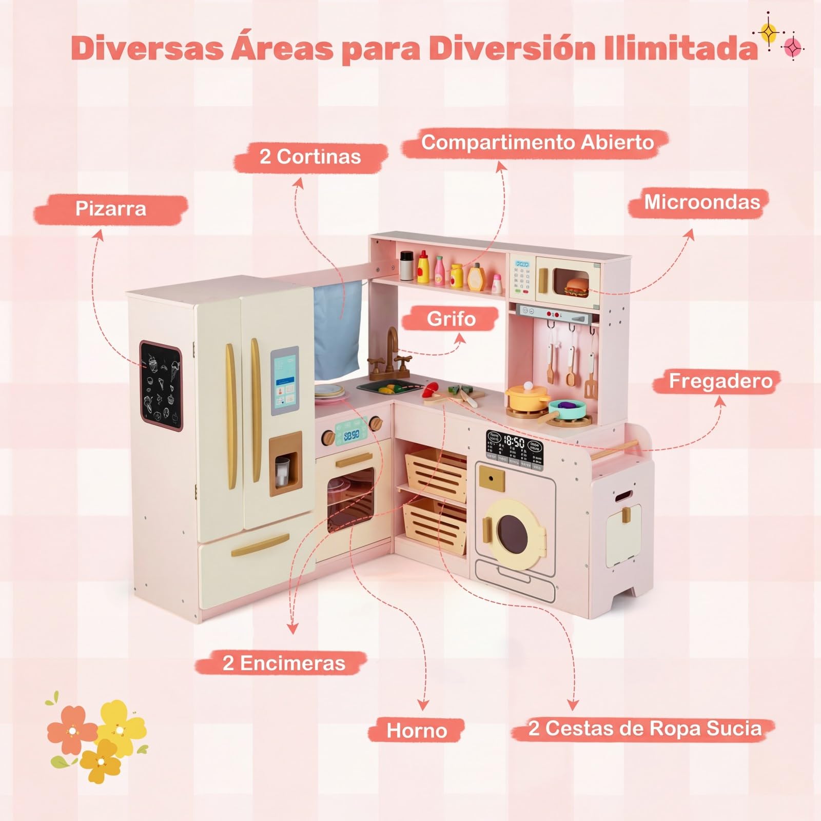 COSTWAY Cocina Juguete en Esquina con Luces y Sonidos, Cocinita Infantil con Refrigerador de Doble Puerta, Hielera, Microondas, Cocina de Madera con Almacenaje para Niños de 3+ Años (Rosa)