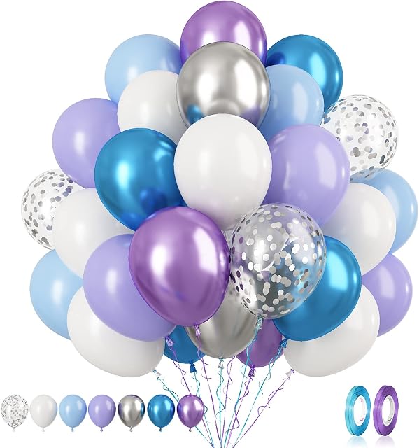 Blue Purple Balloons Set, 60 PCS Blue Frozen Balloons, Metallic Purple Blue White Latex Balloons Metallic Silver Confetti Balloons for Helium for Girls Baby Shower Winter Wonderland Party Supplies