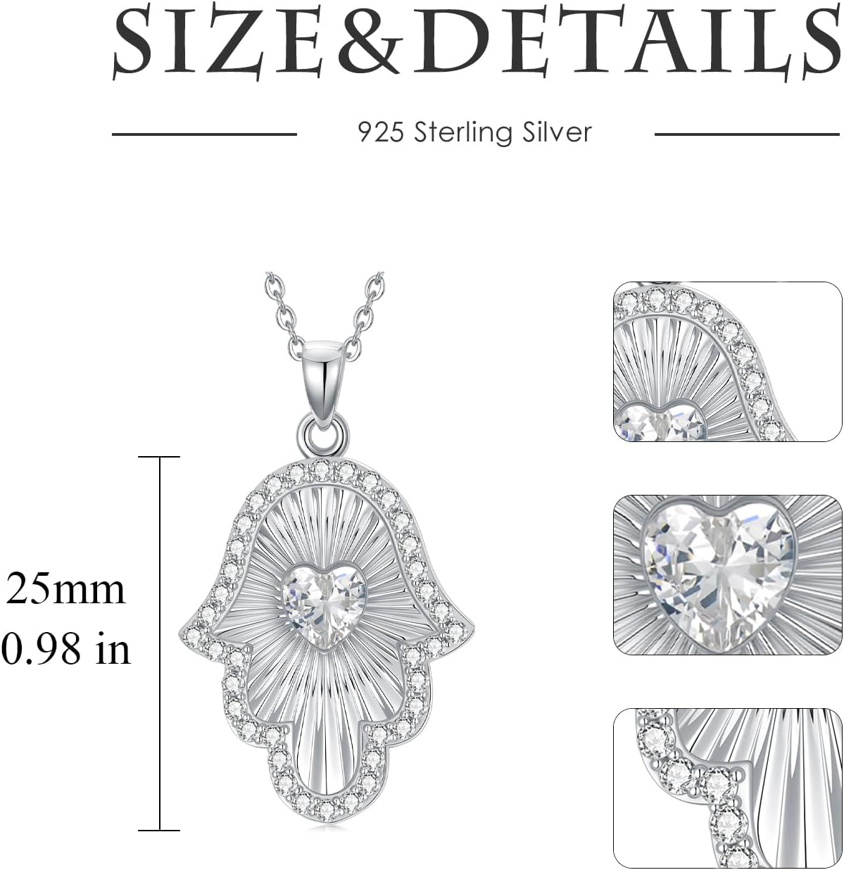 PEIMKO Hamsa Hand Necklace for Women 925 Sterling Silver Hamsa Hand of Fatima Evil Eye Pendant with Heart Cubic Zirconia 18+2 Inch Chain - Image 6