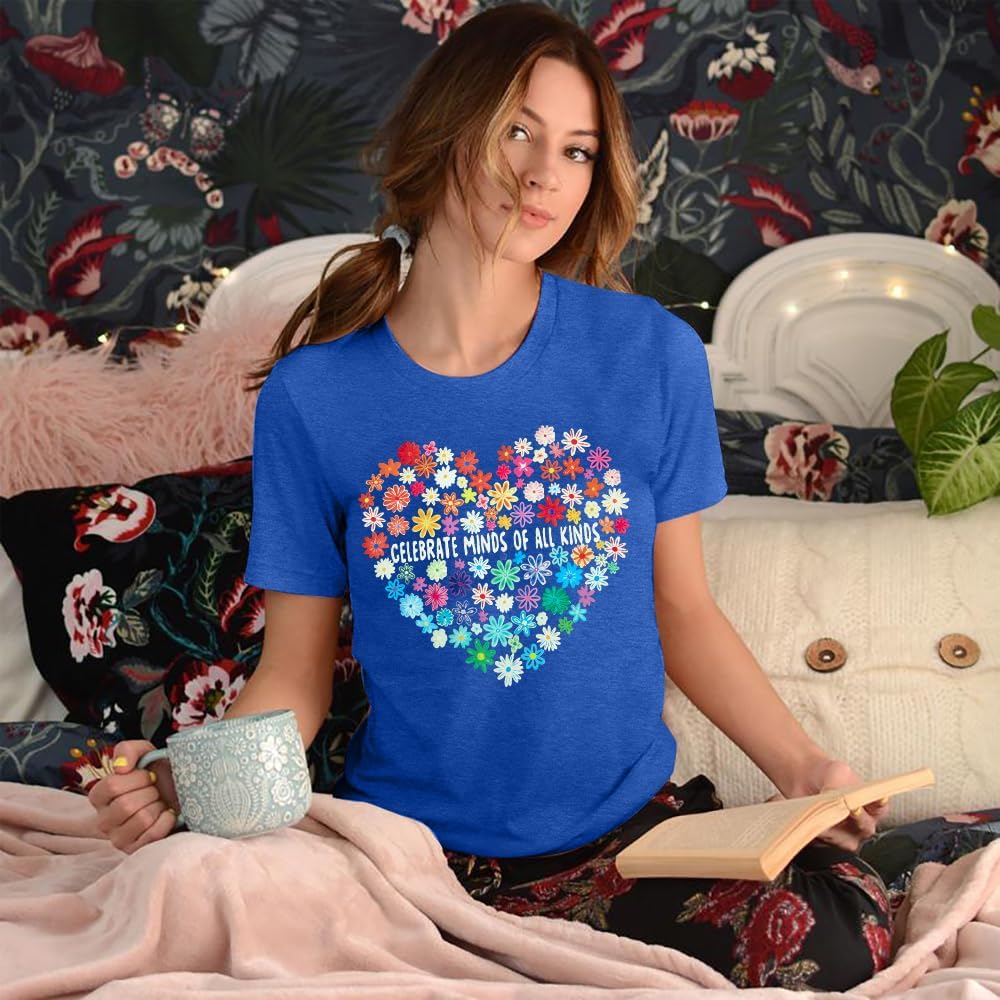 Celebrate Minds of All Kinds Shirts Heart Autism Awareness T Shirt for Women Mental Health Inspirational Tees - Image 3