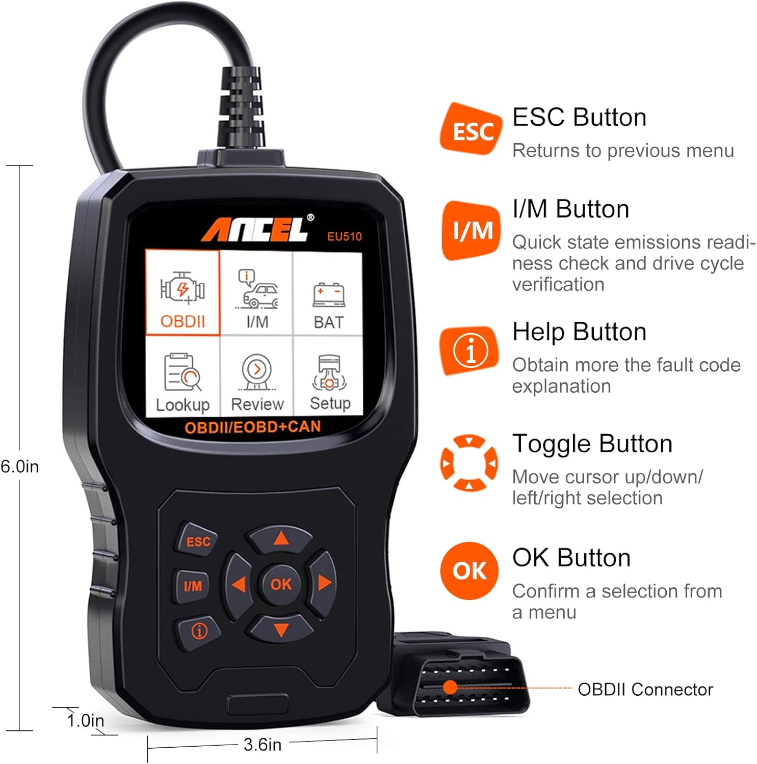 ANCEL EU510 with labeled buttons and dimensions