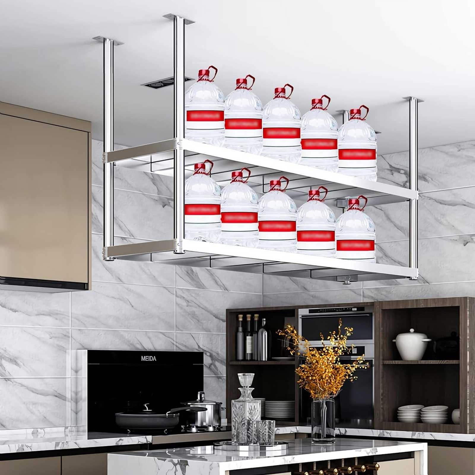Étagère murale flottante inox pour désencombrer plan de travail cuisine