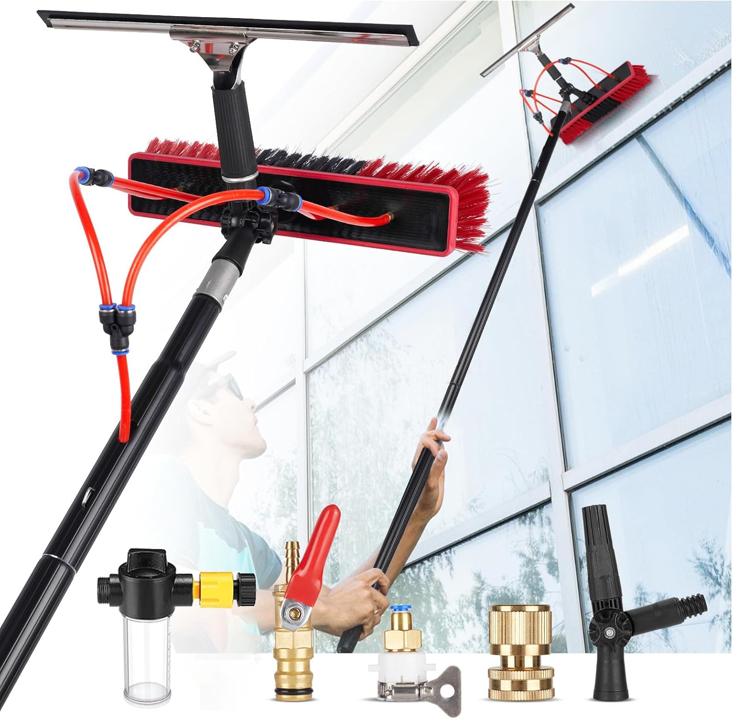 Window Cleaning Brush, 3 Meters Pole Washing Kit, with Water-fed Brush,Soap Dispenser & 20m Hose,Water Fed Window Cleaning Pole Aluminium, Cleaner for Solar Panels, 55cm Brush