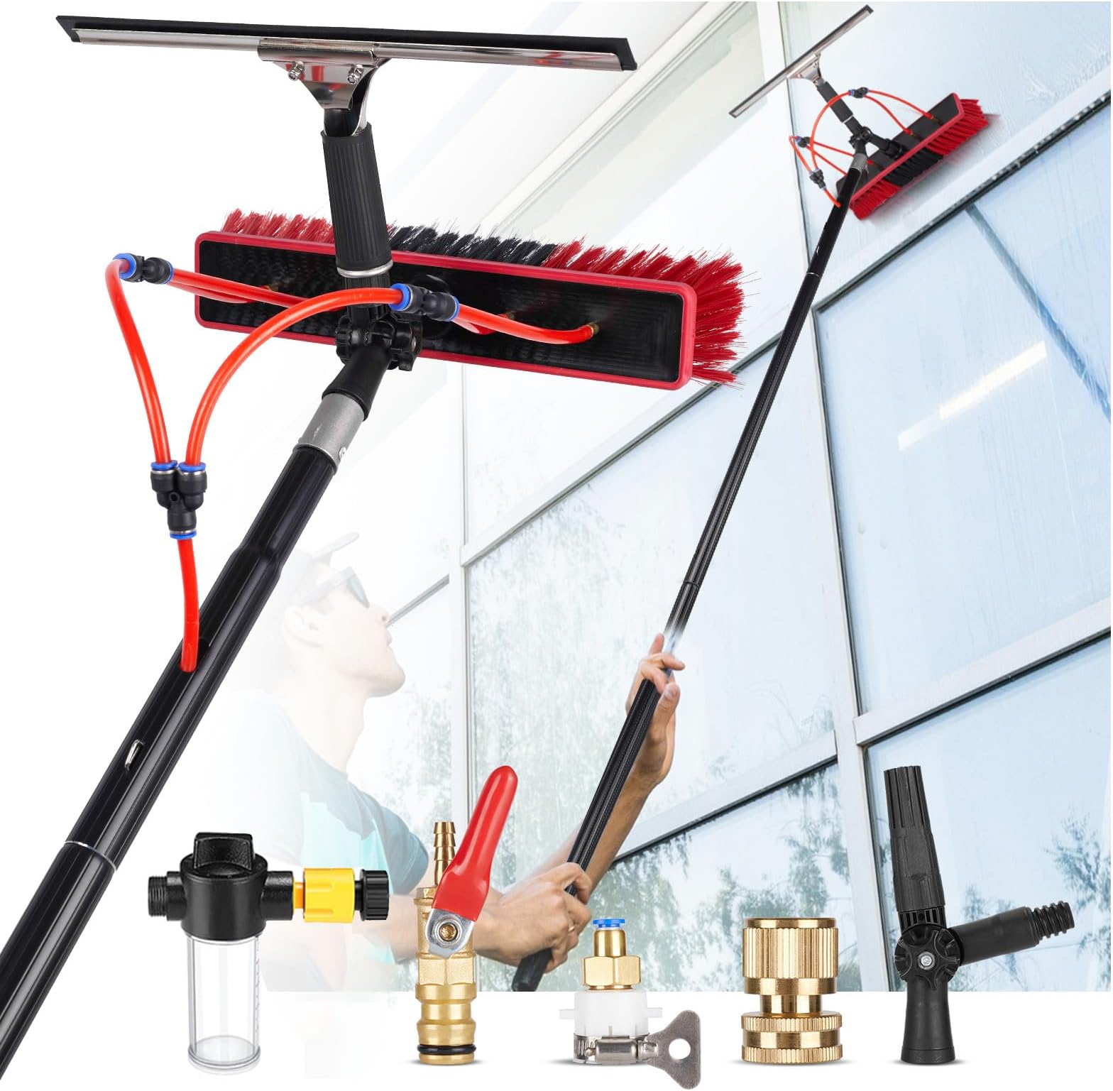 Window Cleaning Brush, 15 Meters Pole Washing Kit, with Water-fed Brush,Soap Dispenser & 20m Hose,Water Fed Window Cleaning Pole Aluminium, Cleaner for Solar Panels, 35cm Brush