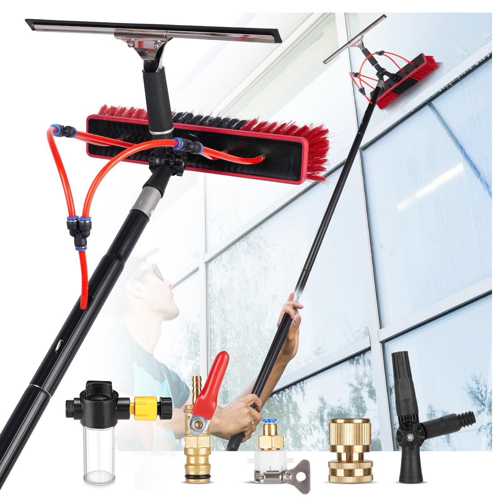 YHKJLYH Window Cleaning Brush, 10 Meters Pole Washing Kit, with Water-fed Brush,Squeegee, Soap Dispenser & 20m Hose,Water Fed Window Cleaning Pole Aluminium, Cleaner for Solar Panels, 35cm Brush