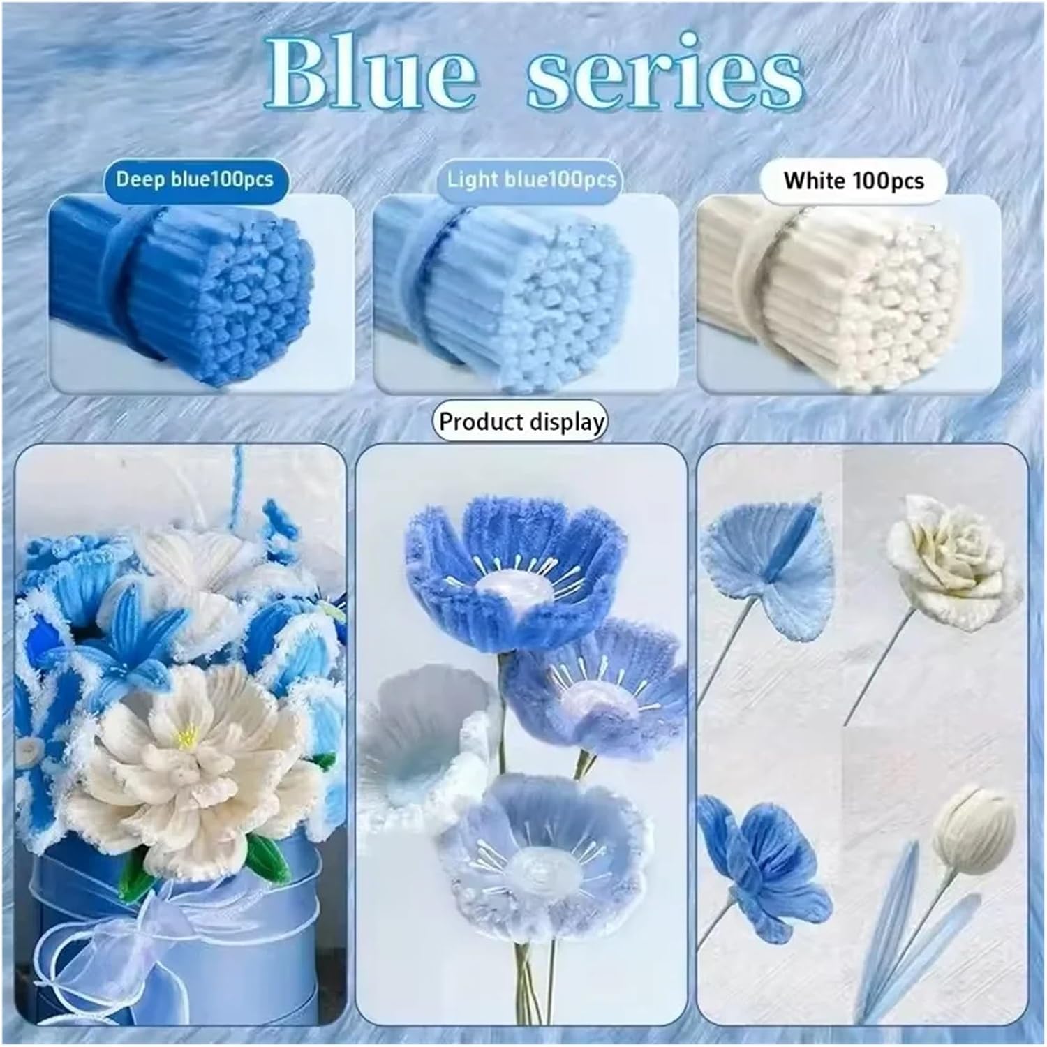 2 Sets Chenille Stems 30cm Pipe Cleaners Craft Supplies DIY Plush Educational Art Handmade Flower Making(Blue Set 300PCS)