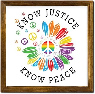 LGBT Wall Decor Sign Know Justice Peace Rainbow Sunflower Framed Wooden Wall Art Farmhouse Lesbian Gay Pride Bisexual Hanging Plaque Wood Sign for Restroom Bathroom Bedroom 12"x12"