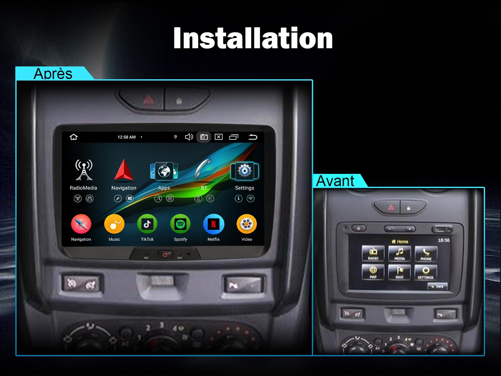 8" 8-Core 4Go+64Go Android 16 Autoradio CarPlay sans Fil pour Dacia Sandero Duster Logan Dokker Lodgy GPS Navigateur WiFi Bluetooth 5.1 Canbus SWC Écran Tactile Dab+Radio OBD2