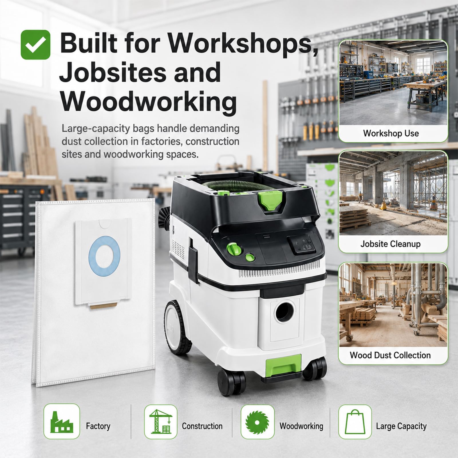 10 Stück Filterbeutel für Festool CT 36 CTM 36 E/CTL 36 E Staubabsaugung | 496186 Staubsaugerbeutel Selfclean Filtertüten mit 5-lagiger Filtration, großes Fassungsvermögen, 64 x 80 cm