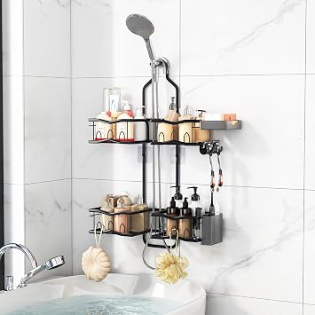 Shower Caddy Hanging for Bathroom Organizers and Storage, Rustproof Shower Organizer with Hooks for Razors Over the Head Caddy with Soap Holder Bathroom Accessories（Black）