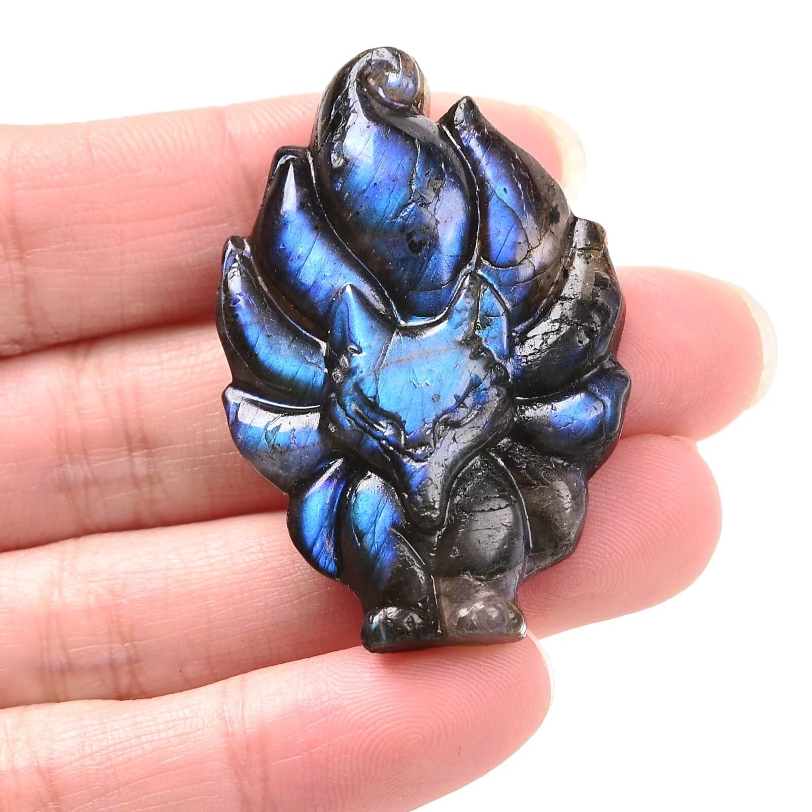 CNYANFEINatural Labradorite Stone Hand Carved Nine-Tailed Fox Quartz Crystal
