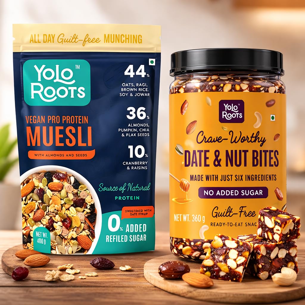 Yolo Roots Vegan Pro Protein Muesli 400g + Date & Nut Bites Barfi 360g Combo | 16g Protein Multigrain Fruit Nut Muesli, Gluten Free Breakfast & Natural Sweet Snack (Pack of 2) 1