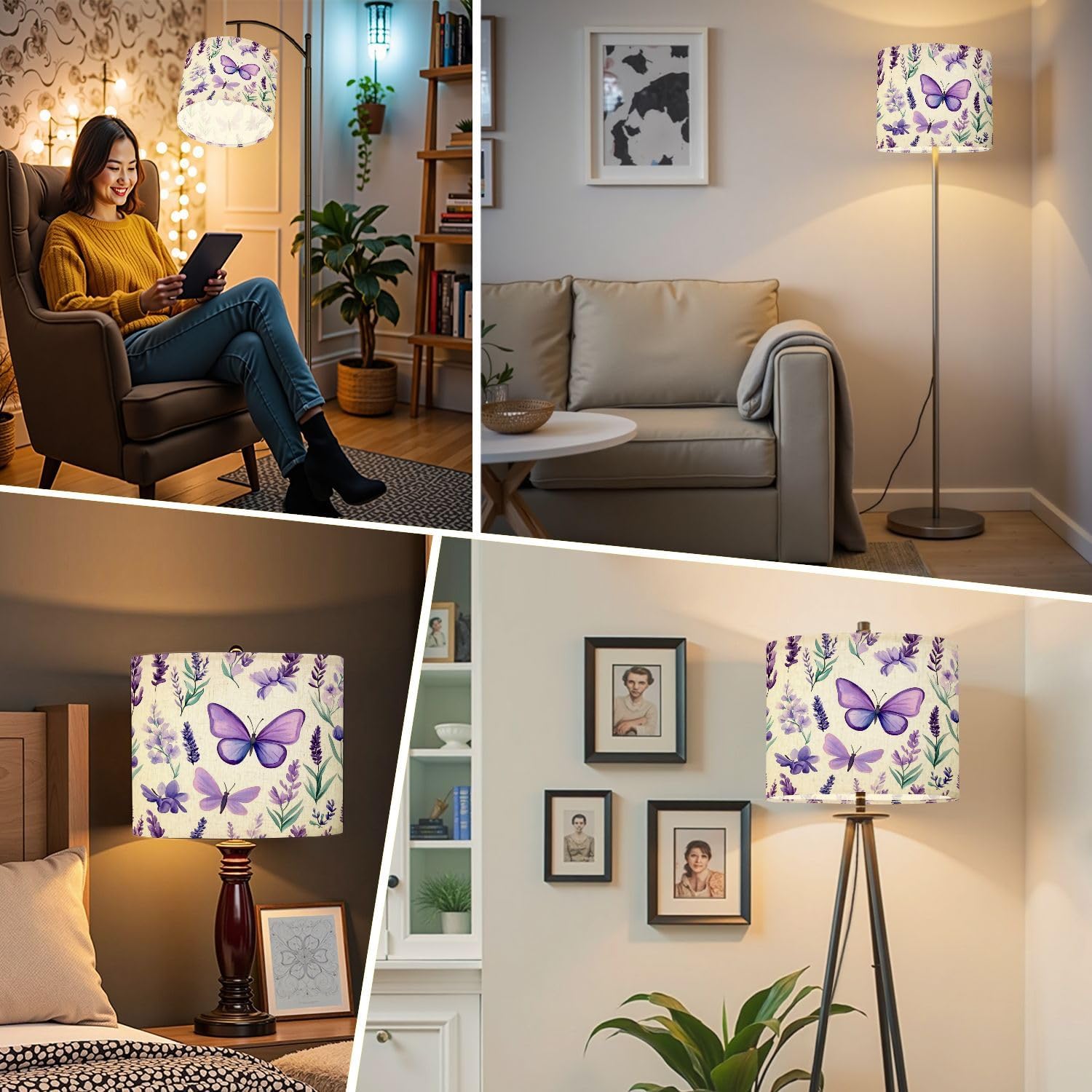 Boho Drum Lamp Shade Set of 2-11" x 11" x 8.9" lavender flowers butterflies watercolor seamless pattern floral print Replacement Natural Linen Lampshades for Table Lamps, Floor Lamps Easy Assembly
