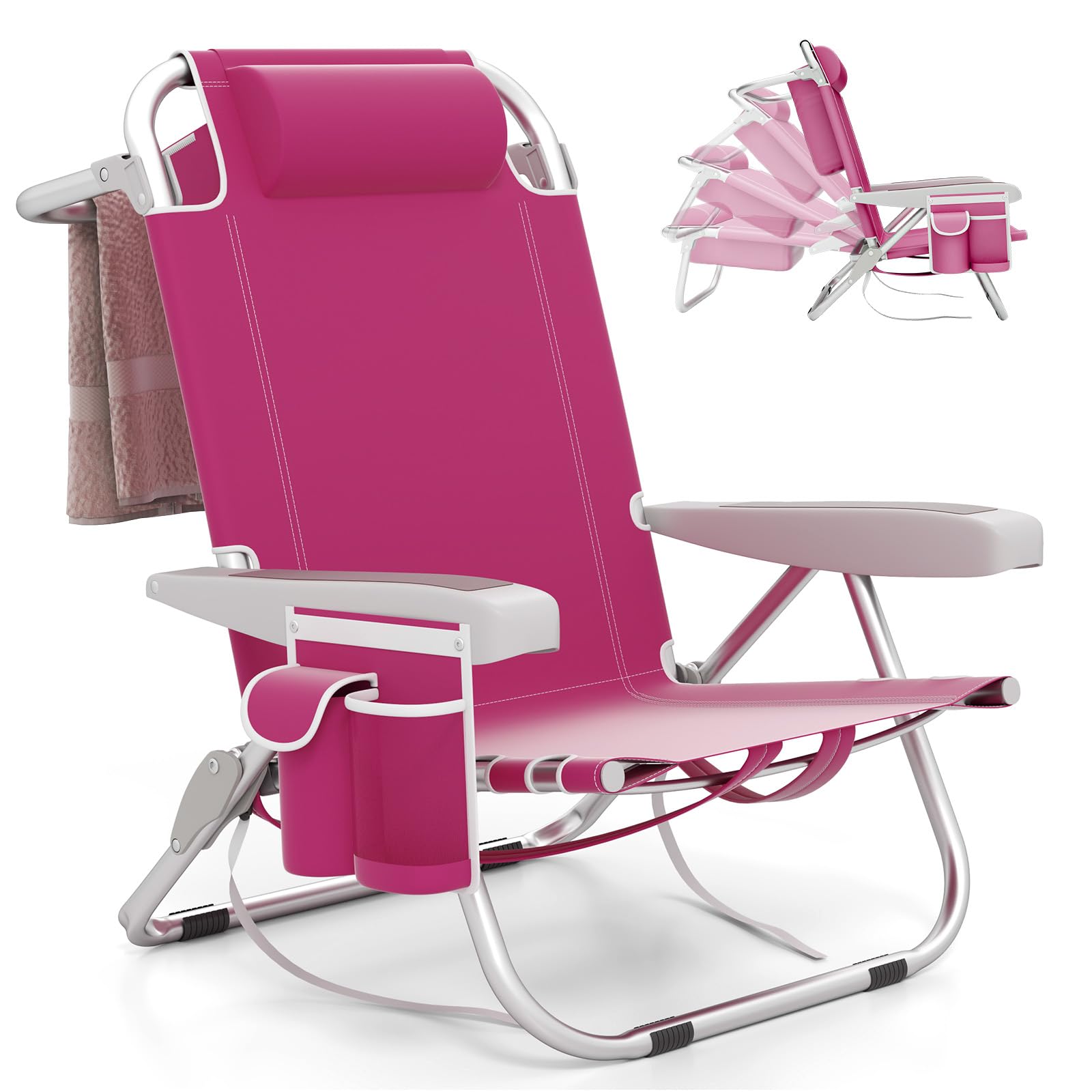 Giantex Beach Chair, Foldable Backpack Chair with 5 Adjustable Position, Cup Holder, Storage Pockets, Straps, Towel Rack, Pillow, 330lbs Aluminum Lay Flat Chairs for Outdoor Camping (1,Pink)
