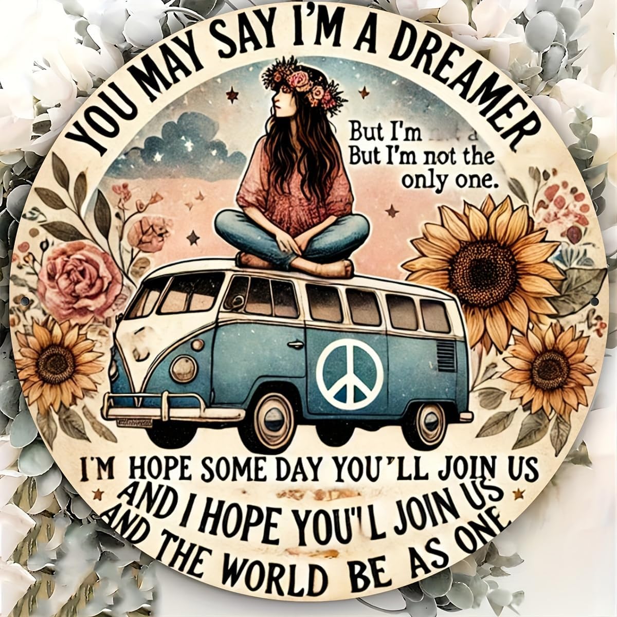 Hippie Van Round Aluminum Sign "Dreamer" Quote Wall Art Decor, Retro Floral Peace Bus Home Decoration, Funny Tin Plaque for Kitchen, Restaurant,Garage - 1 Piece Vintage Engraved7.98x7.98 Inch