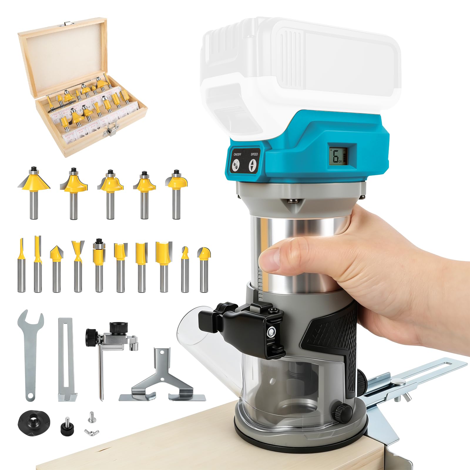 Cordless Wood Router for Makita 18V, 30000 RPM Brushless Hand Palm Router with Digital Display, 6 Speeds for Woodworking Slotting Trimming with 15pcs 1/4" Shank Router Bits (NO Battery)